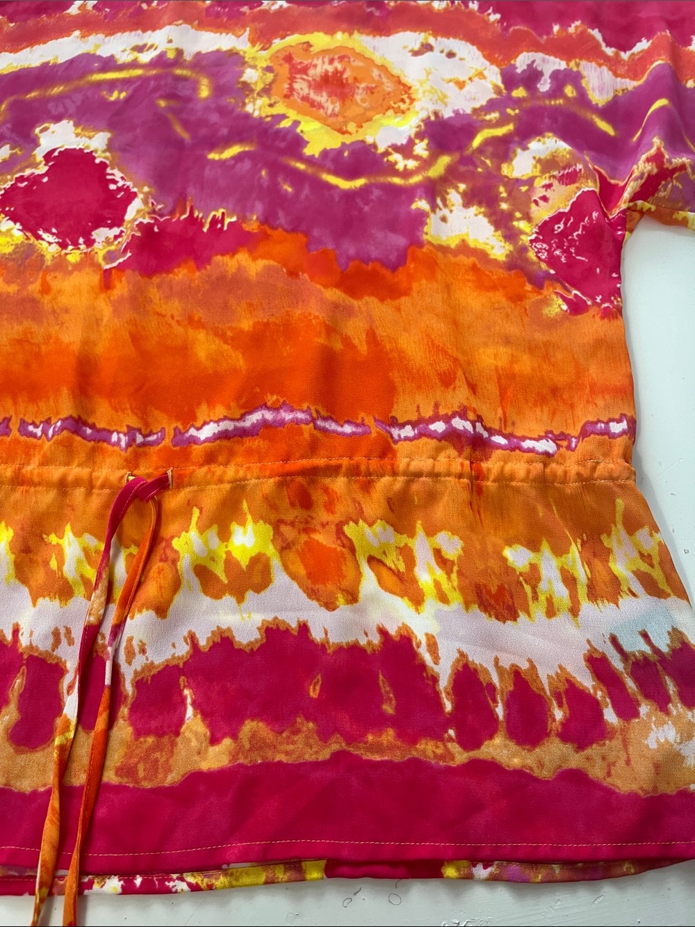 Chaps XL Short Sleeve Tye Dye Multicolor Sheer Blouse Tie Waist - Picture 3 of 5